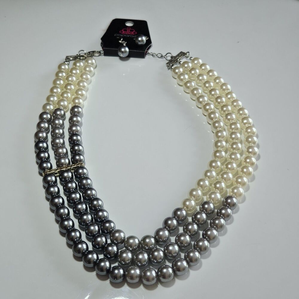 Paparazzi layered Faux Pearl Necklace Chunky Beads Necklace Earrings Set 20-23"